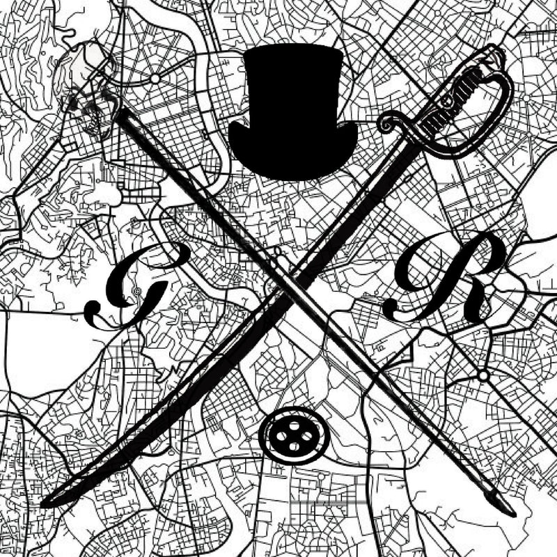 Vector map of Rome in black and white with the Gentleman Rogue logo superimposed on it in black