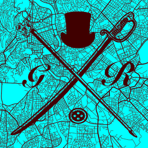 Vector map of Rome in turquoise with the Gentleman Rogue logo superimposed on it in black