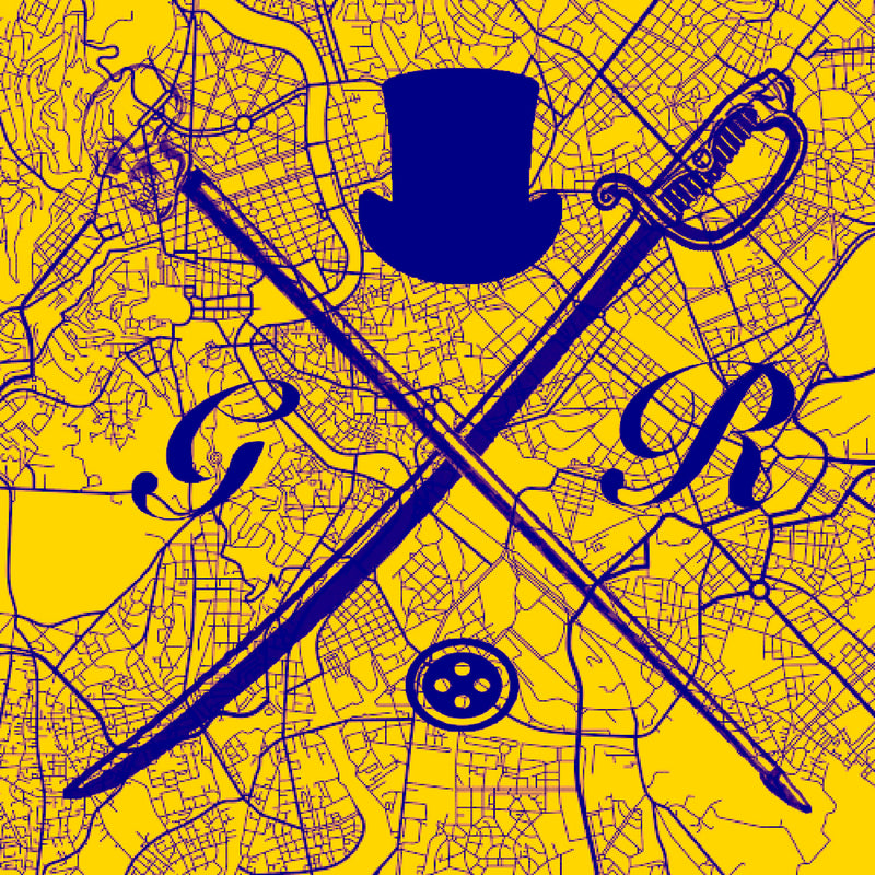 Vector map of Rome in gold with the Gentleman Rogue logo superimposed on it in purple