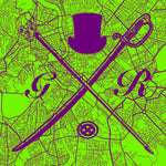 Vector map of Rome in green with the Gentleman Rogue logo superimposed on it in purple