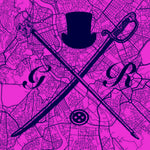 Vector map of Rome in magenta with the Gentleman Rogue logo superimposed on it in dark purple