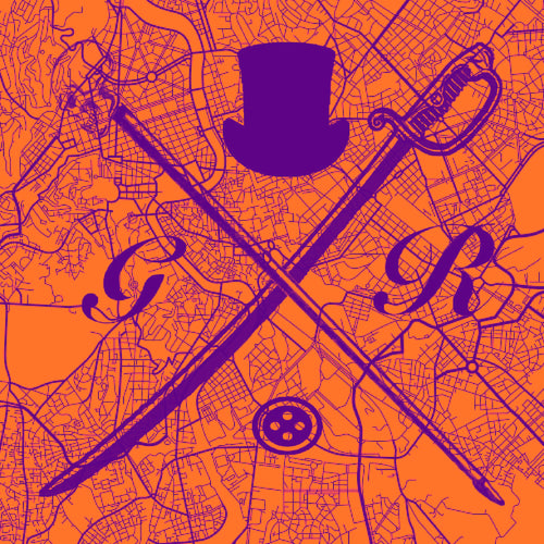 Vector map of Rome in orange with the Gentleman Rogue logo superimposed on it in purple