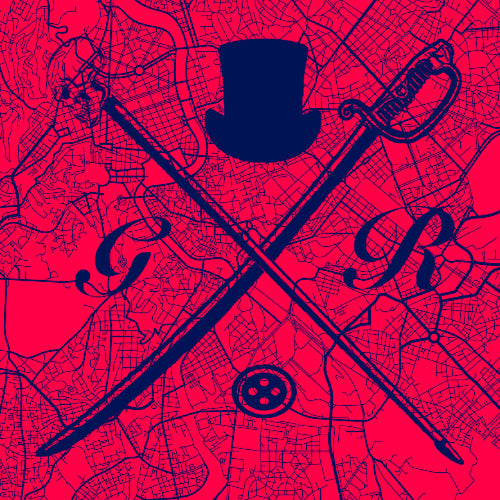 Vector map of Rome in red with the Gentleman Rogue logo superimposed on it in navy