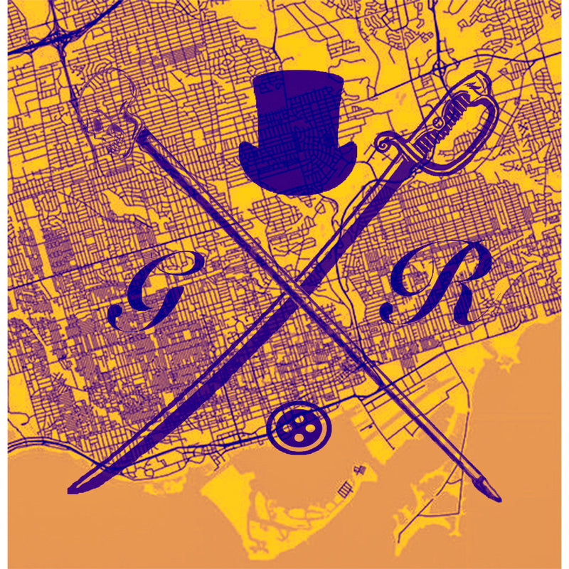 Vector map of Toronto in gold with the Gentleman Rogue logo superimposed on it in purple