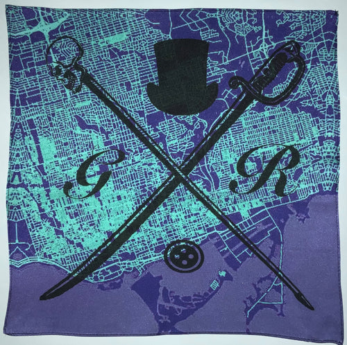 Pocket square with vector image of London city map in aqua and purple with Gentleman Rogue logo superimposed on top