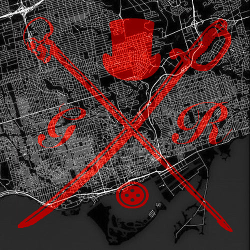 Black and white vector map of Toronto with the Gentleman Rogue logo superimposed on top of it