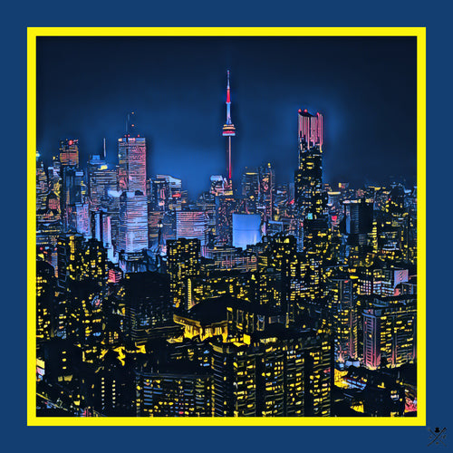Ladies scarf with an image of the Toronto skyline at night in shades of blue, pink and gold