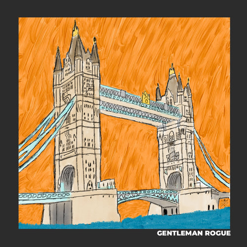 Sketched image of Tower Bridge in London in sandstone against an orange sky with a black border