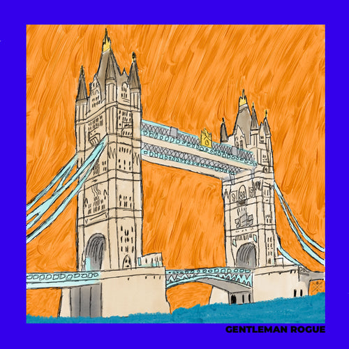Sketched image of Tower Bridge in London in sandstone against an orange sky with a blue border