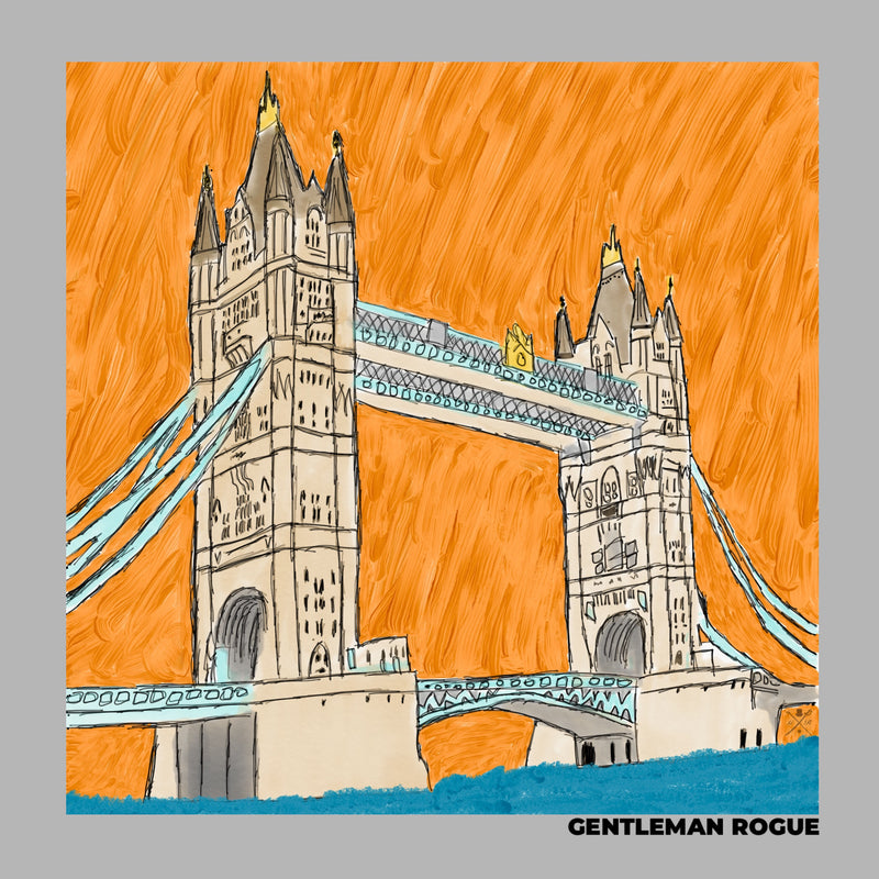 Sketched image of Tower Bridge in London in sandstone against an orange sky with a silver border
