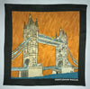 Sketched image of Tower Bridge in London in sandstone against an orange sky with a black border