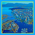 Pocket square with drawing of Vancouver skyline in blue, orange and gold