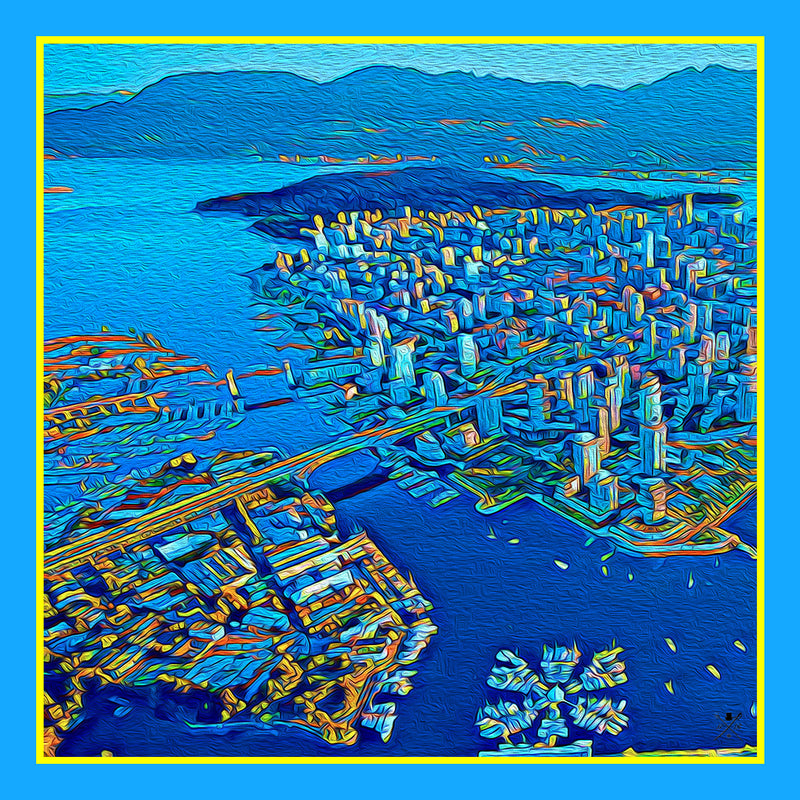 Ladies scarf with an image of the Vancouver skyline in blue, orange and gold