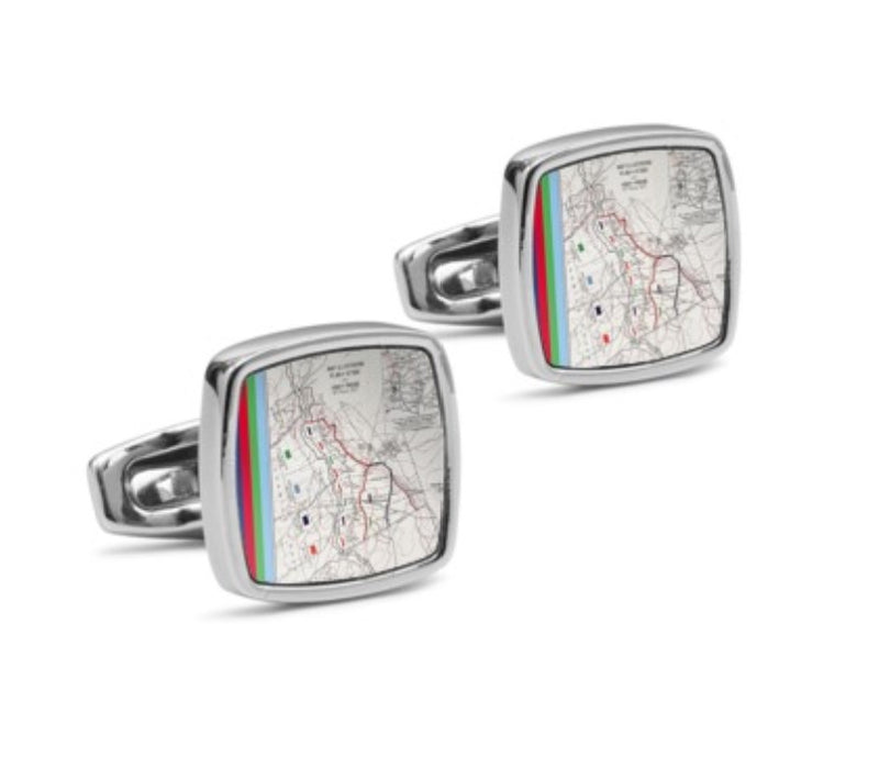 Cufflinks with the Vimy Ridge battle plan and navy, red, green and light blue stripes on the left side in a rounded edge square shape