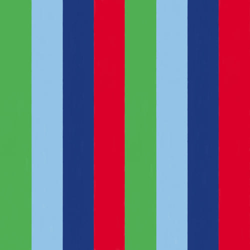 Vertical wide colour bands of green, light blue, navy blue and red