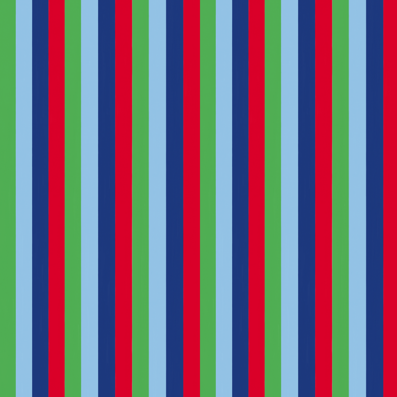 Vertical narrow colour bands of green, light blue, navy blue and red